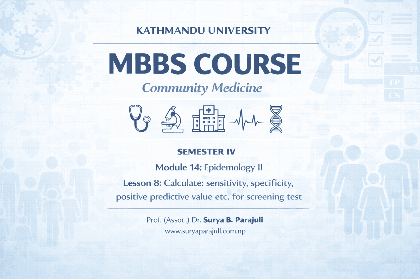 Lesson 8: Calculate: sensitivity, specificity, positive predictive value etc. for screening test